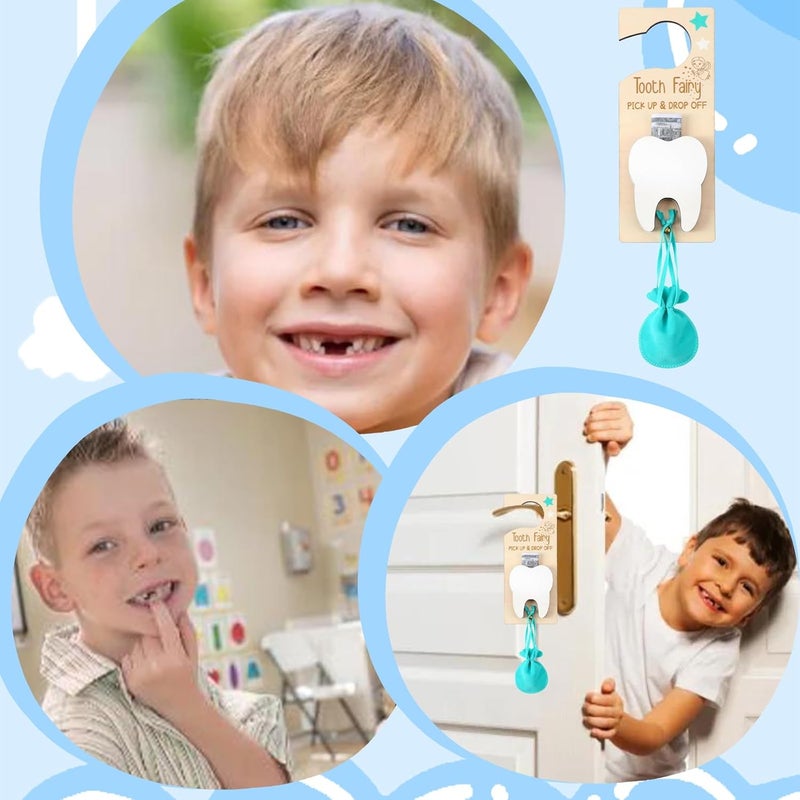 ZHYEEDAA 3 Pcs Tooth Fairy Kit,Tooth Fairy Tooth Holder with Tooth-Storage Bottle Velvet Pouch& Money Slot Keepsake,Wooden Tooth Door Hanger for Kids' First Lost Teeth, Tooth Fairy Gifts for Boy and Girl(Blue) - Image 5
